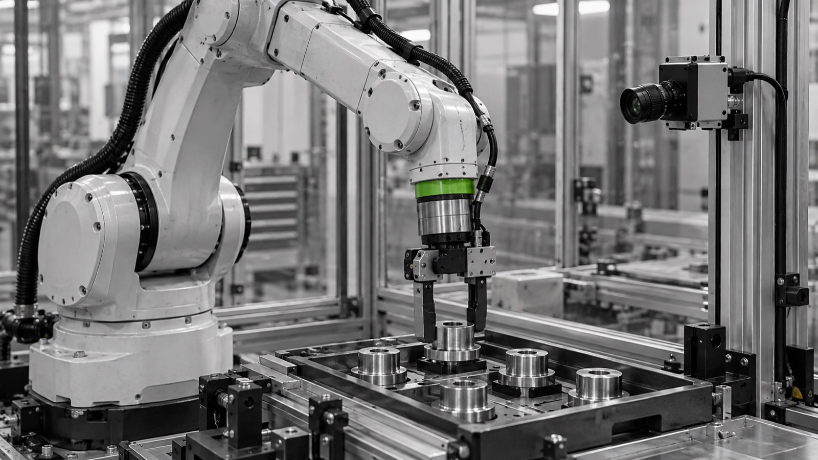 Symbolmotiv Robotik: Industrieroboter mit Greifer und Kamerasystem, monochrom mit grünem Akzent
