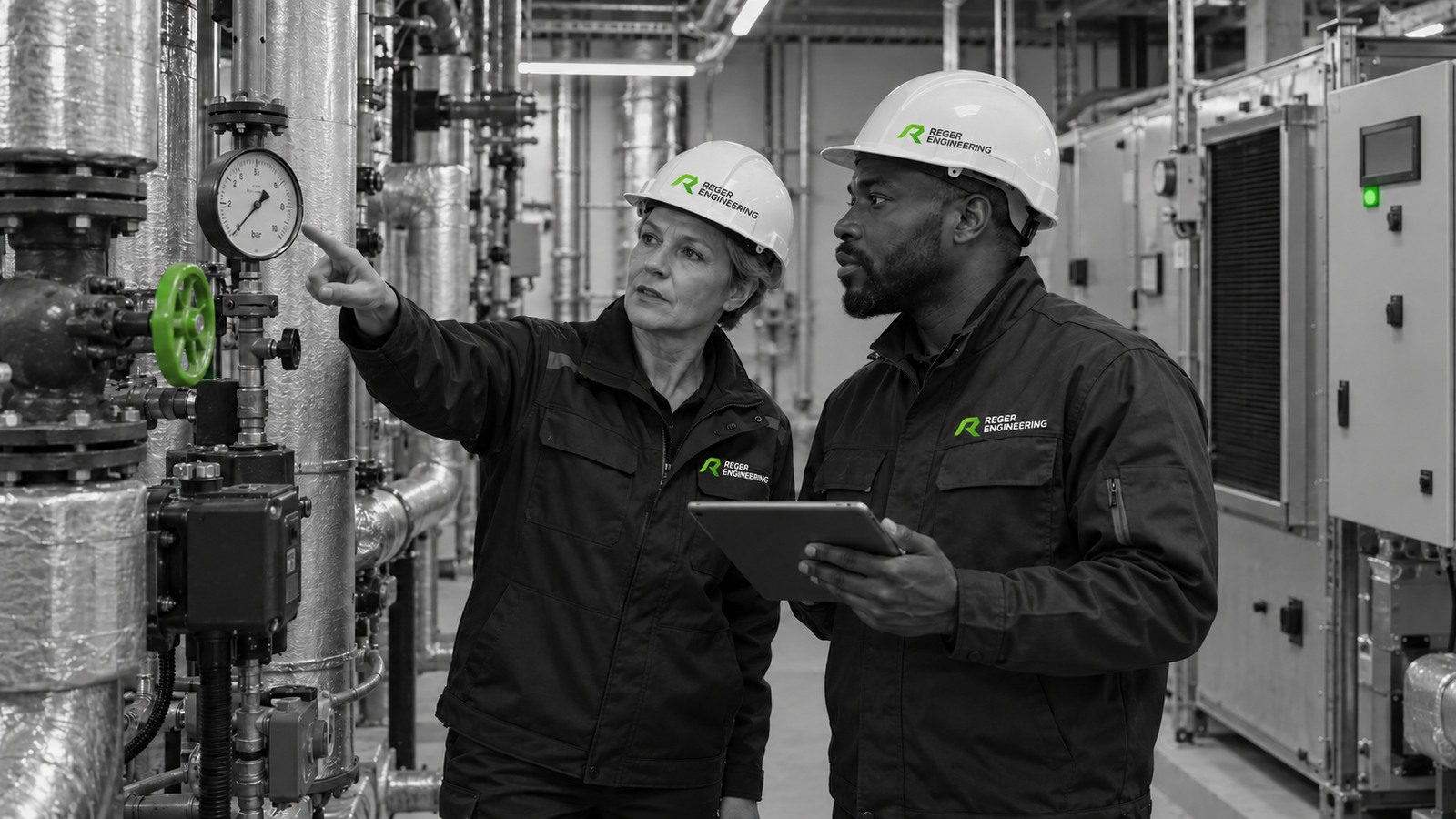Building services specialists checking instruments and equipment in a plant room