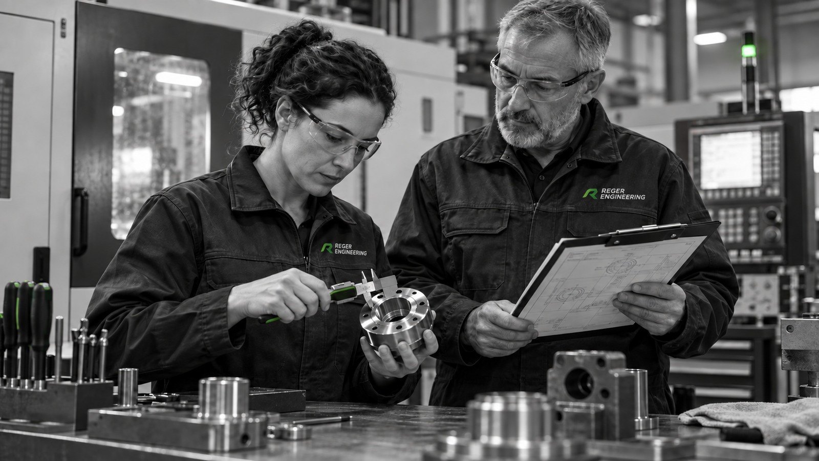 Industrial specialists measuring a mechanical component